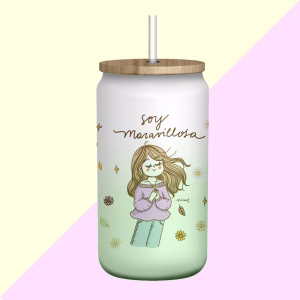 Vaso Maravillosa color verde con tapa de bambú y bombilla